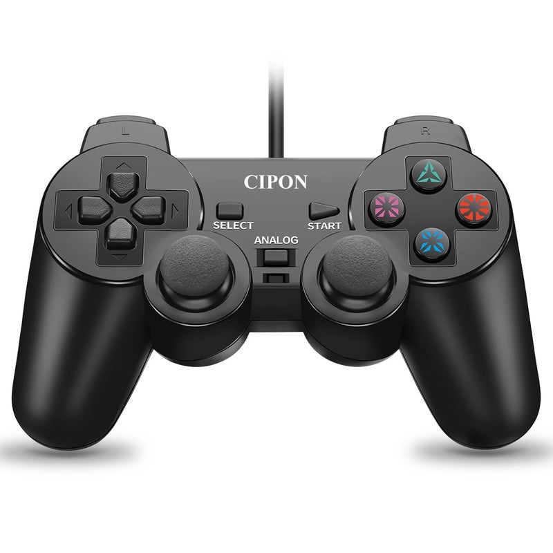 Cipon Wired Controller for PS-2 Console, Black Remote Controllers, PS-2 Accessories Gamepad with Double Vibration, 71 IN Cable - Image 1